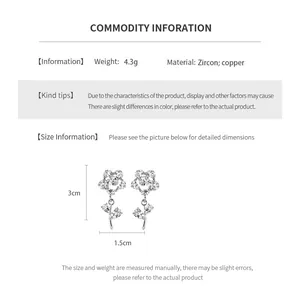Detailed size guide showing 3cm height and 1.5cm width of the zircon flower earrings