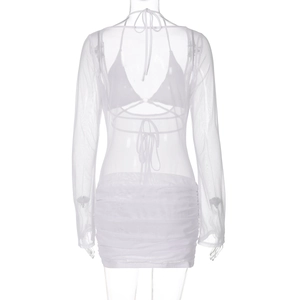 Détails de la robe blanche en mesh transparent à manches longues avec finitions froncées
