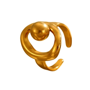 Detail view of a gold geometric open ring featuring an abstract hollow line and sphere