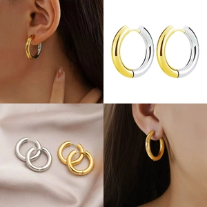 Collage of polished titanium hoop earrings in gold and silver on model and satin