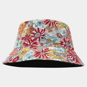 Detailed flat lay of floral print bucket hat with vibrant multi-color flower patterns