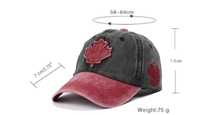 Detailed size guide for vintage washed maple leaf baseball cap with precise dimensions