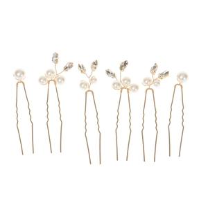 Set of 6 bridal hair pins with gold wire weaving marquise pearls and rhinestones