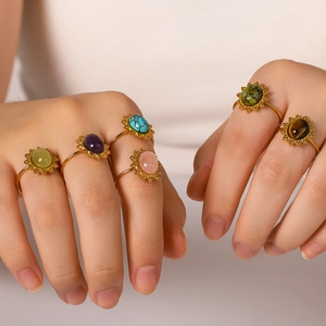 Adjustable stainless steel ring set with natural tiger eye and turquoise stones