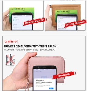 Detail showing RFID blocking technology vs successful reading on lychee leather card case