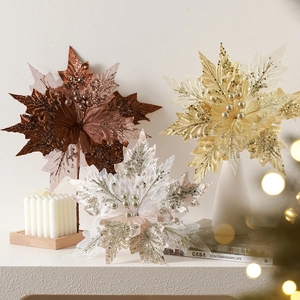 30cm artificial Christmas flowers with sequins and beads in bronze, champagne, and silver