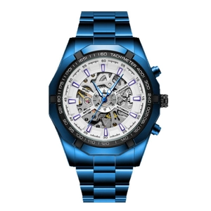 Forsining automatic skeleton mechanical watch with blue stainless steel strap and tachymeter