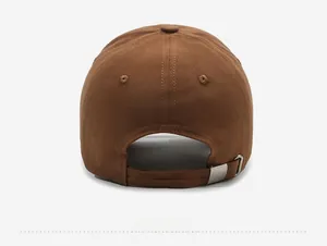 Rear view of dark brown cotton baseball cap showing metal buckle and stitching detail
