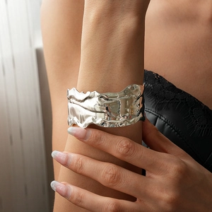 Polished silver metal wide open bangle with geometric wrinkled texture for women