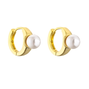 Detailed view of gold plated brass hoop earrings with white round micro-inlaid pearls