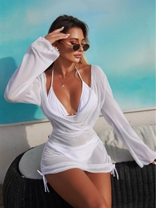 Sexy white 3-piece bikini set with sheer mesh cover-up skirt and drawstring details