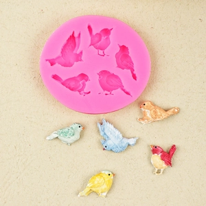 5-cavity bird silicone mold for DIY resin crafts with colorful finished bird examples
