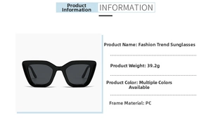 Detaillierte Spezifikationen der PC-Cateye-Sonnenbrille mit Abmessungen und 39,2g Gewicht