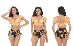 Polka dot bikini top with ruffled sleeves and high-waisted lemon print swim shorts set