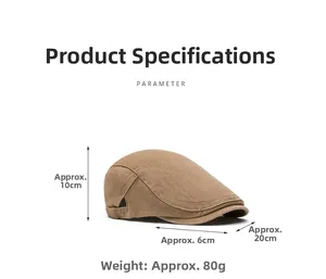 Brown vintage newsboy hat dimensions detail with height and brim size labels