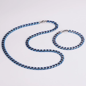 Detail of 7mm blue and silver stainless steel Cuban link necklace and bracelet set