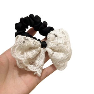 French style black silk scrunchie with layered white floral lace bow decoration