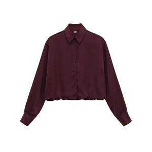 Women Satin Cropped Long Sleeve Shirt Ruched Hem Solid Color Elegant Button Up Blouse Lapel Neck