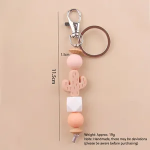 Cartoon cactus silicone bead keychain with wooden beads and metal hook for bags