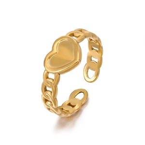 Adjustable golden stainless steel ring featuring a heart charm and retro chain band design