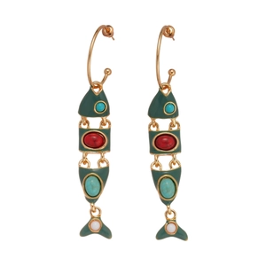Golden fish hoop earrings with green enamel and turquoise beads in vintage style