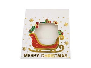 Detail of Christmas window gift box with gold foil sleigh and Merry Christmas print