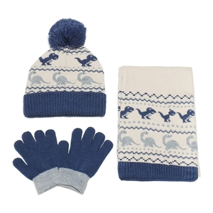 Winter 3-piece kids knit set with dinosaur pattern including beanie scarf and gloves
