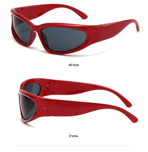 Dual view of red cycling sunglasses showing 45-degree and 0-degree side profiles