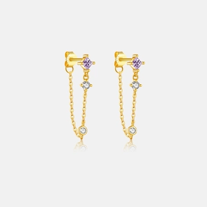 Detail view of S925 silver gold-plated tassel earrings with purple square zircon stones
