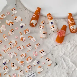 5D Embossed Nail Art Stickers Cute Orange Cat Paw Prints 3D Relief Self Adhesive Ultra Thin Decals DIY Manicure