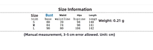 Size chart for hollow out backless printed dress showing bust waist and hip measurements