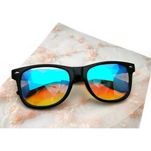 Macro detail of kaleidoscope sunglasses lenses with multi-color geometric crystal patterns