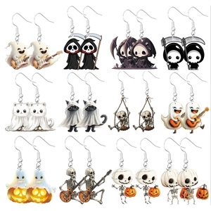 Set of 12 pairs of Halloween acrylic earrings featuring cute ghosts and mummies