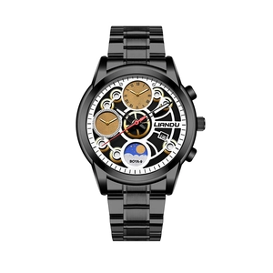 Macro detail of LIANDU BOYA-9 watch face with complex gears and sub-dials in black metal