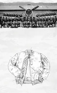 Detail diagram showing MA-1 jacket construction with orange lining and utility pockets