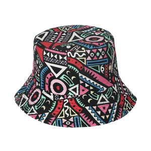 Reversible bucket hat with bohemian geometric pattern and colorful graffiti style design