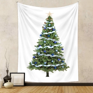 Dettaglio di un arazzo con albero di Natale e decorazioni blu per la parete delle feste