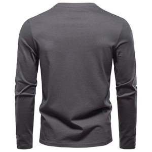 Detail view of the back of a slim fit charcoal grey long sleeve cotton V-neck shirt for men