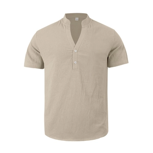 Detail of khaki men's linen short sleeve shirt with Henley collar and button design