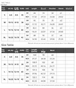 Detailed size chart for women yoga set including measurements for long sleeve top and pants