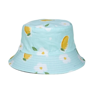 Mint green floral bucket hat with yellow mango and white flower prints for sun protection