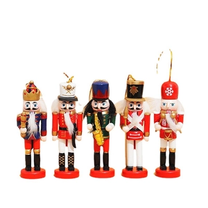 Detail of five 12cm glittery wooden nutcracker soldiers with gold hanging strings