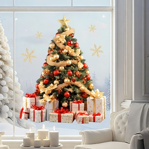 Festive Christmas tree window decal with gift boxes and golden snowflakes on snowy forest backdrop
