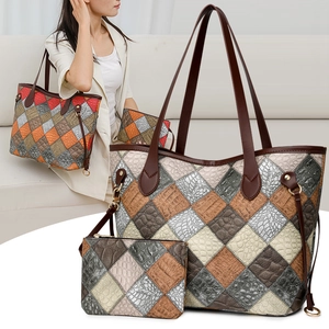 Color-block patchwork tote bag set with crocodile embossed leather and matching pouch