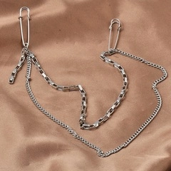Silver double-layer decorative chain featuring large safety pins and textured links