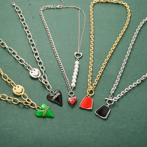 Heart Pendant Necklace Alloy Faux Artificial Pearl Enamel Smiley Face OT Buckle Trendy Jewelry For Women