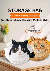 Detailed view of drawstring storage bags featuring realistic calico and ginger cat prints