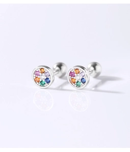 Detailed macro view of 925 sterling silver screw back earrings with colorful crystals