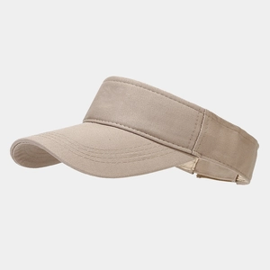 Close-up of khaki open top sun hat with breathable twill cotton texture and wide curved brim