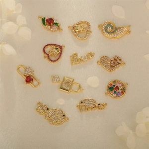 Gold Plated Copper Charms With Colorful Cubic Zirconia Heart Elephant Hamsa Hand DIY Jewelry Making Accessories